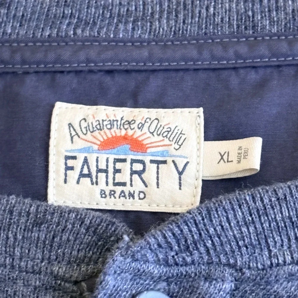 Faherty Mens XL Henley Shirt Blue Long Sleeve 100% Cotton Heathered Ribbed Cuff